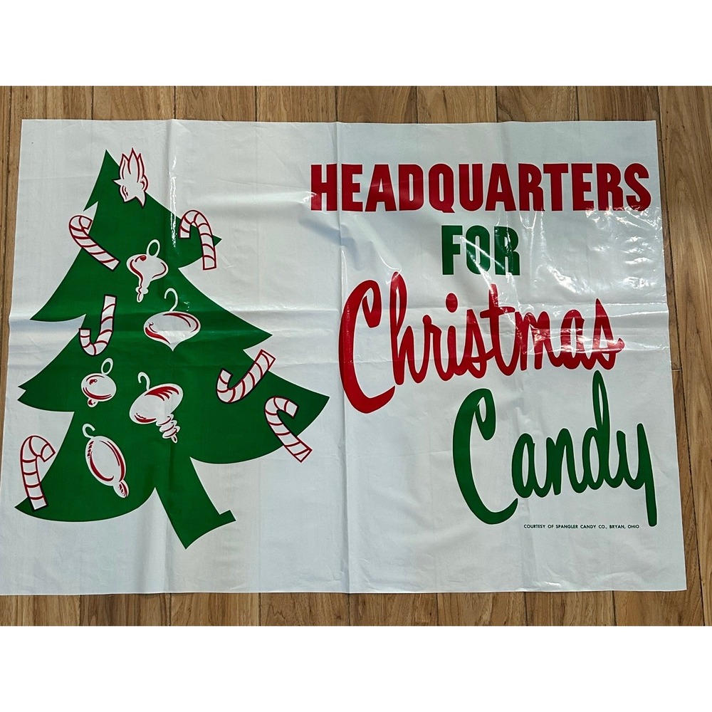 Vintage Spangler Candy Co Christmas Candy Plastic Store Banner Sign 37x27
